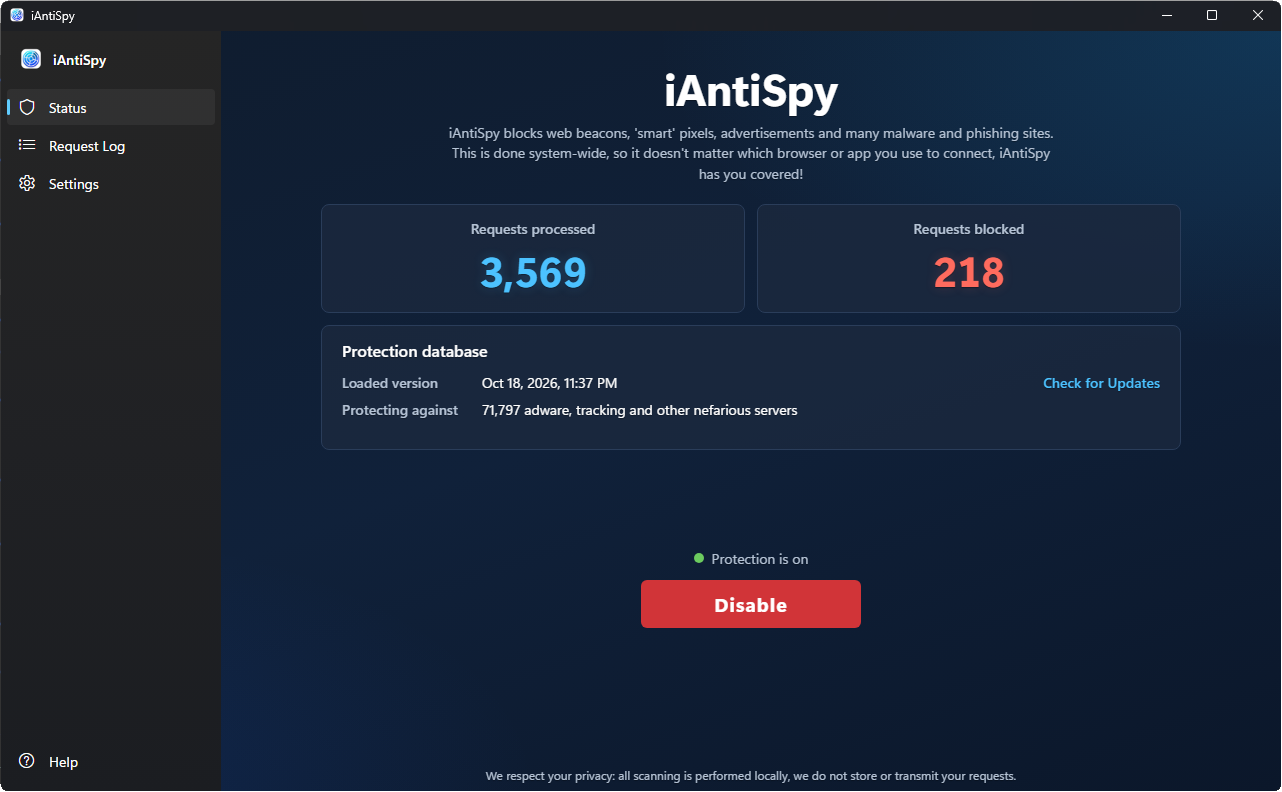 iAntiSpy for Windows: requests processed and blocked, the protection database and the Disable button.